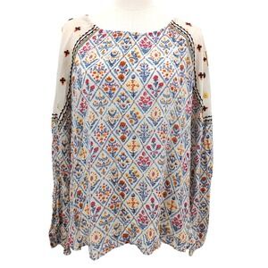 NWT Hannah Peasant Top Large Boho Embroidered Floral Mixed‎ Print Tunic